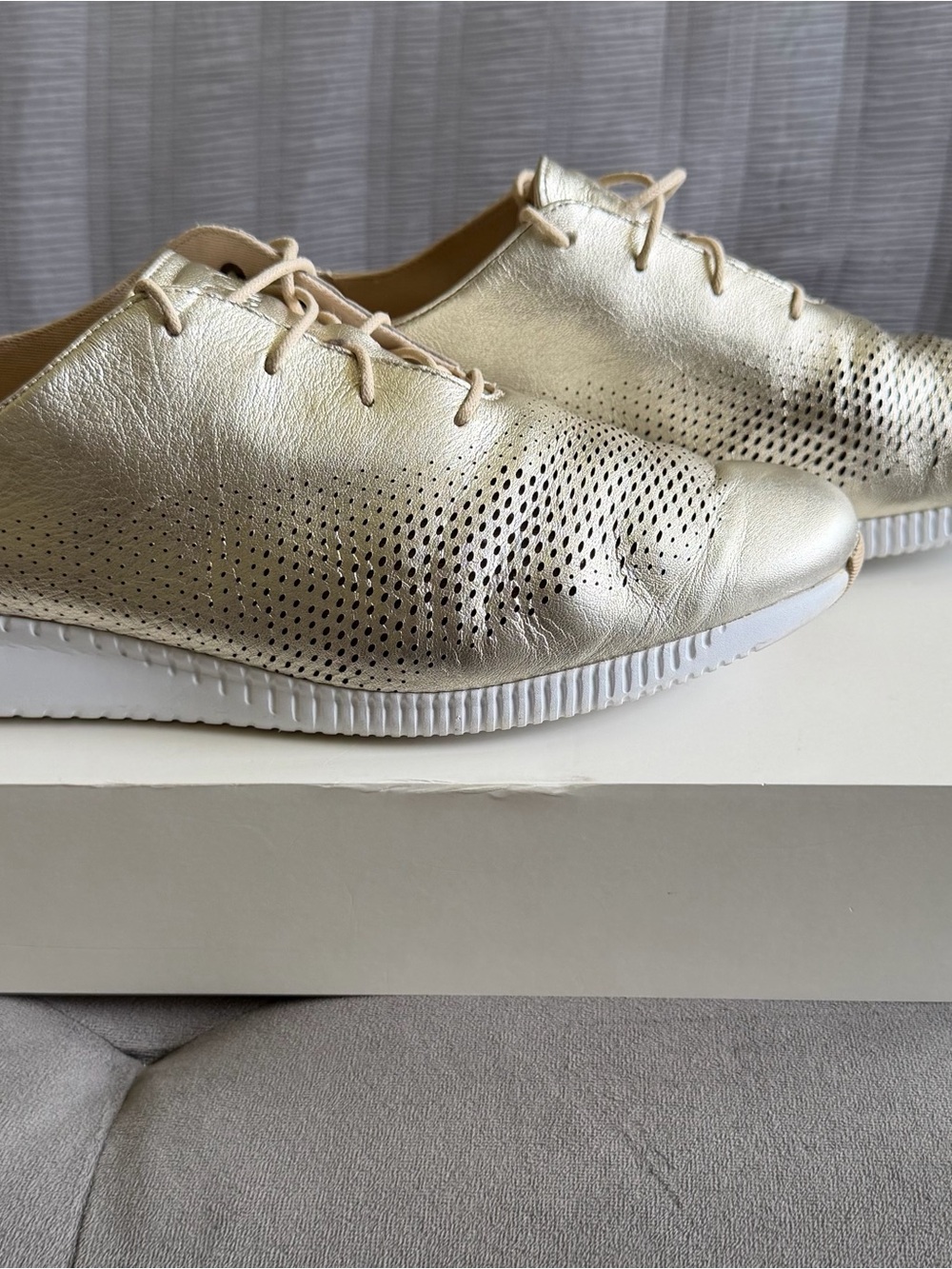 Cole Haan Metallic Gold Perforated Lace-Up Flat